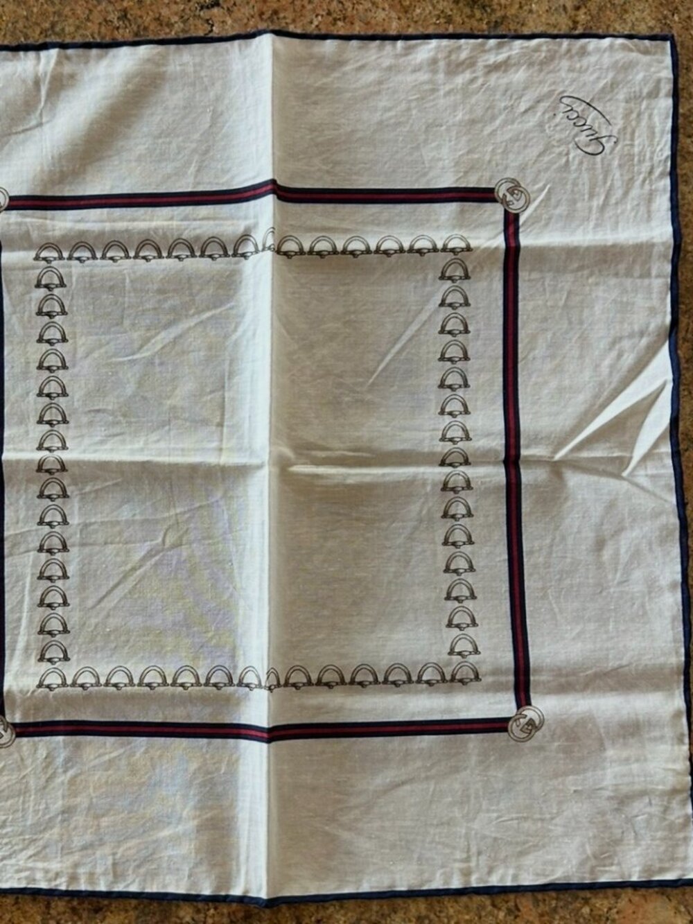 Vintage Gucci Cotton Scarf Pocket Square Handkerchief with Hand Rolled Edges
